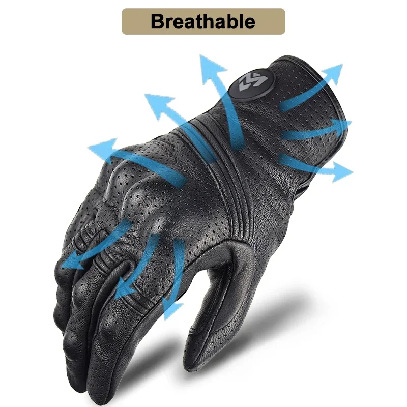 Retro Leather Black Motorcycle Gloves Men Summer Perforated Breathable Motocross Gloves Touch Screen Moto Racing Equipment Glove 5