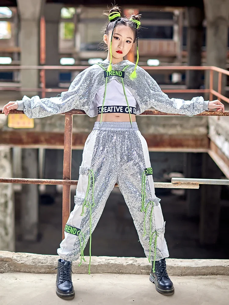 

Cool Jazz Kids Sequins Silver K Pop Outfits Street Dance Costumes Modern Dance Navel Performance Clothes Hip Hop Girls Clothing
