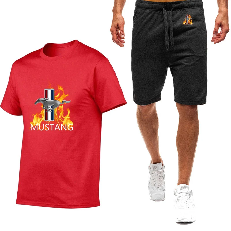 Mustang printing summer men's short sleeve Harajuku style high quality breathable T-shirt shorts suit sportswear.