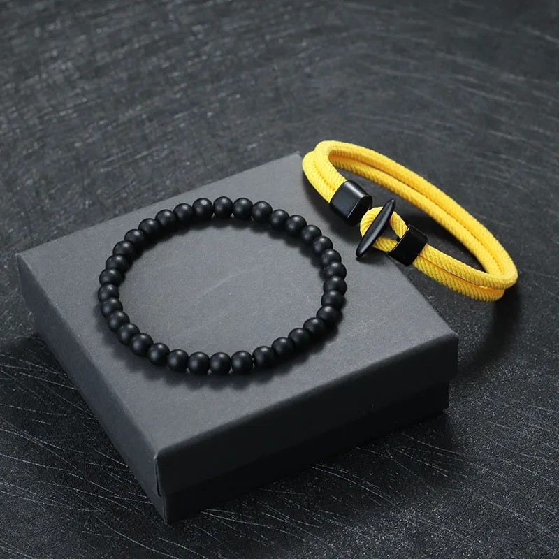 Noter neue 2 teile/satz Männer Armband natürliche 6mm Onyx Stein Perlen Armband Homme 4mm Pulsira Corda Masculina Piraten Zubehör Geschenk – Detail 6