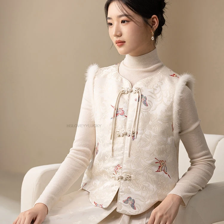 New Chinese Style Women White Embroidered Cotton Vest Suit Autumn Winter Fashion Jacket Woman Tangsuits Vest Tangsuit Coat
