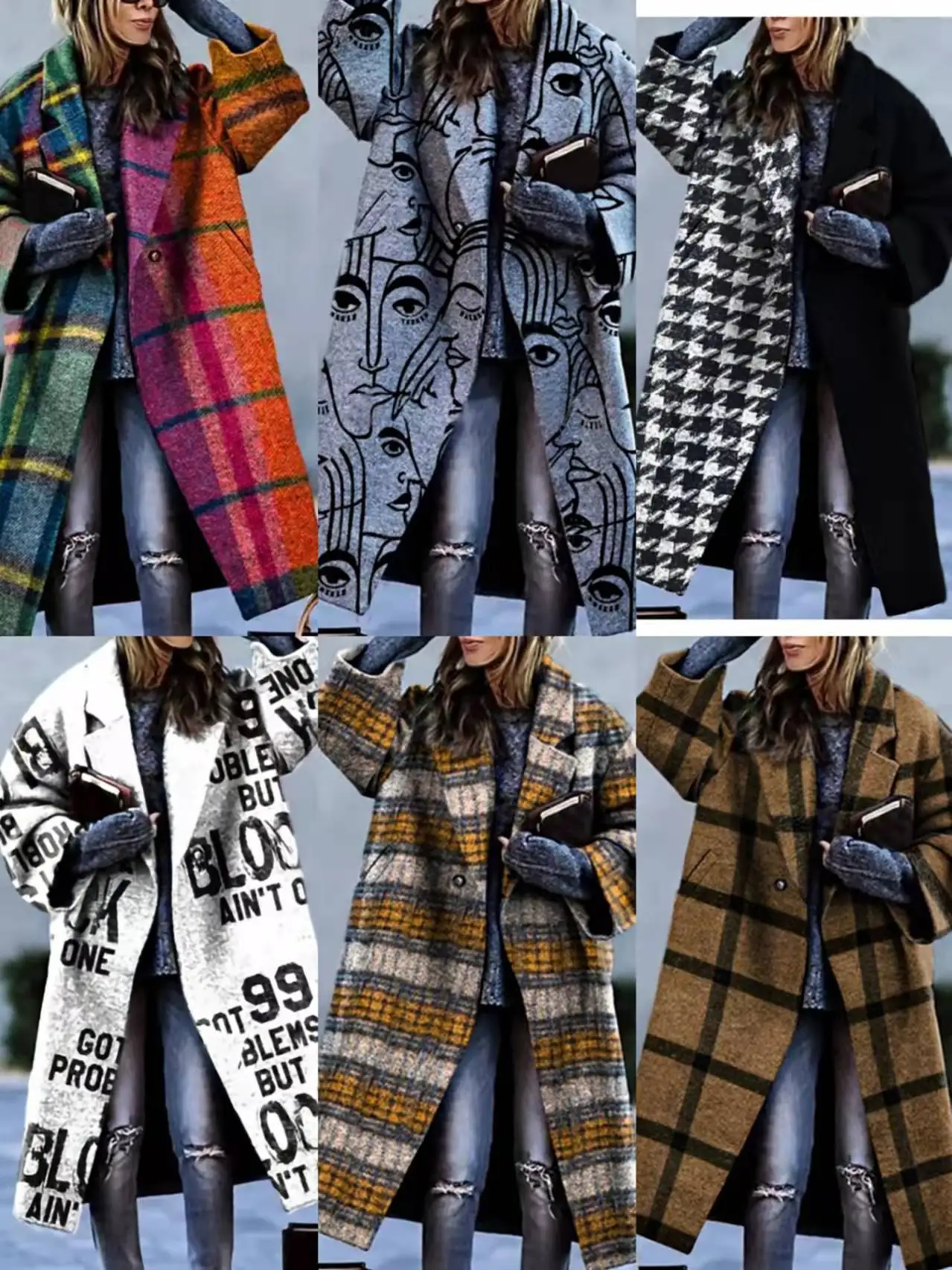 

2023 Warm Autumn and Winter Women Wear Color Matching Plaid Long Sleeve Lapel Coat Printed Dragon and Phoenix Woolen Coat