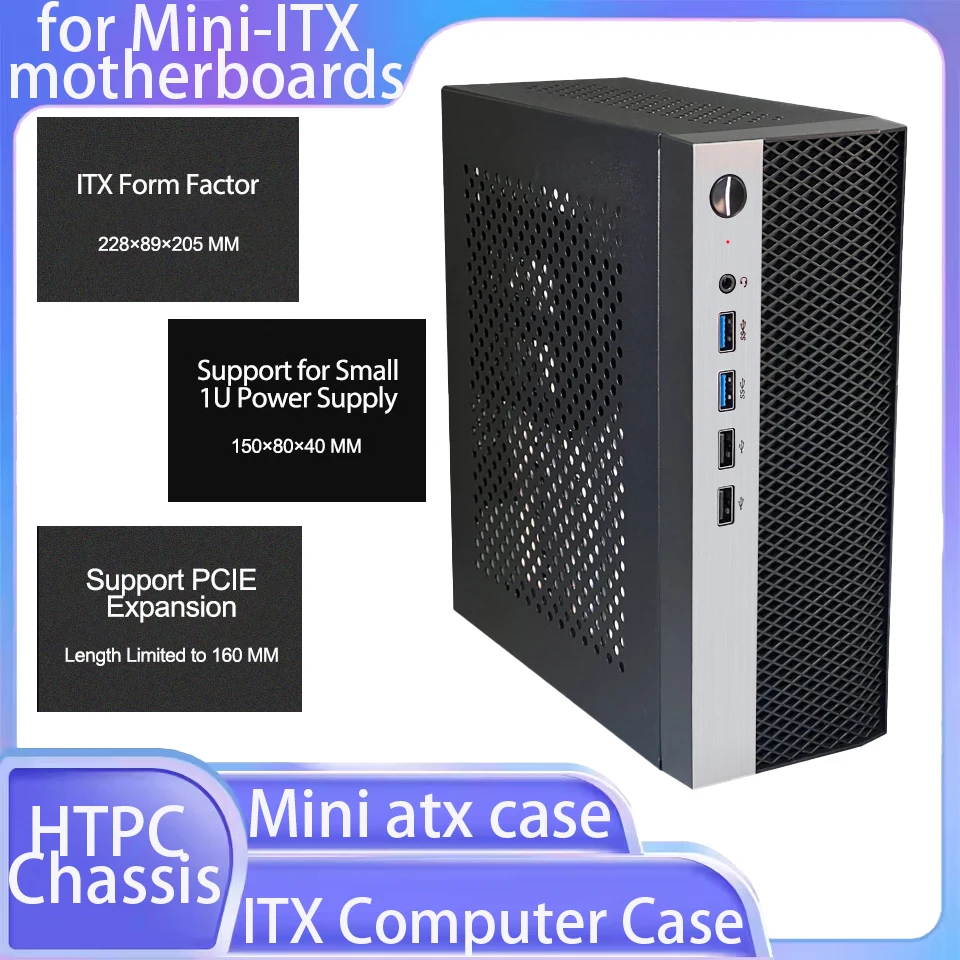 Mini ITX Computergehäuse HTPC Chassis Unterstützung 1U Netzteilgehäuse mit 4 USB 17*17 Motherboard USB2.0 USB3.0 Computergehäuse