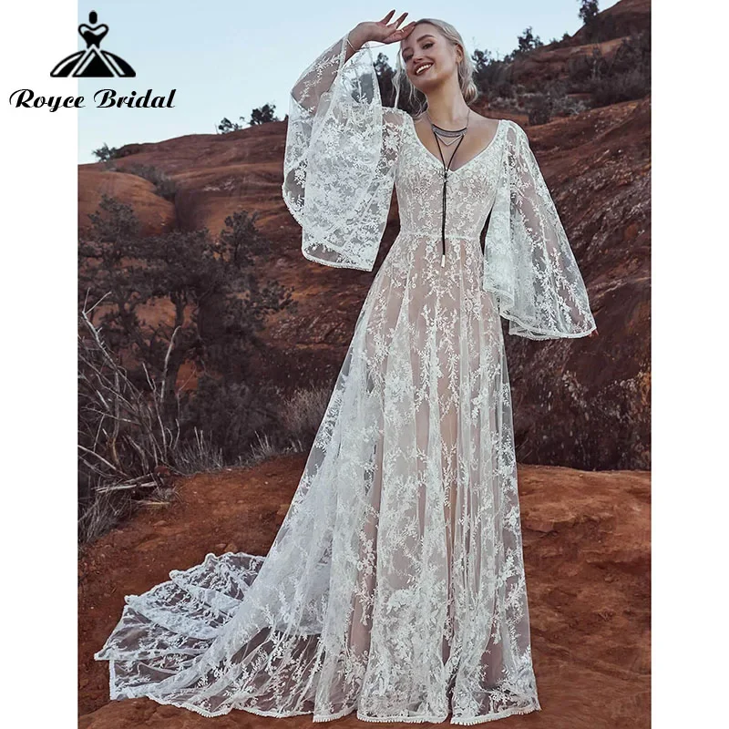 Charming A Line Boho Bohemian Wedding Dresses Lace Appliques V Neck Long Flare Sleeve Backless Bride Gowns robe soirée mariage