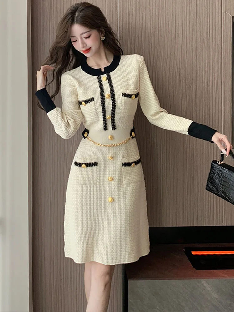 Chic Design 0-neck Knit Midi Dresses Korean Party Elegant Knitwear Long  Sleeve Pullover Dress Spring Fall A-lined Vestidos New - AliExpress  200000345