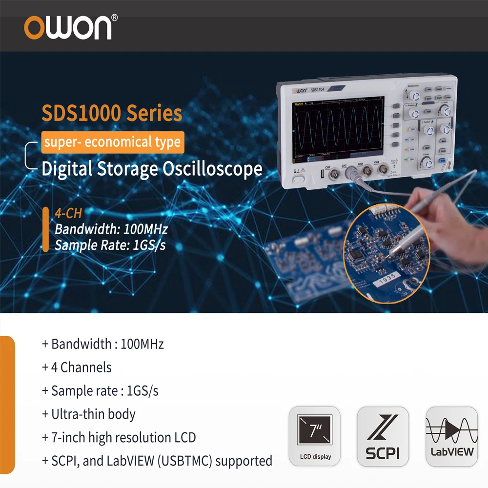 OWON Digital Storage Oscilloscope 4 Channels 7 inch 100MHz 1GS/s Sample