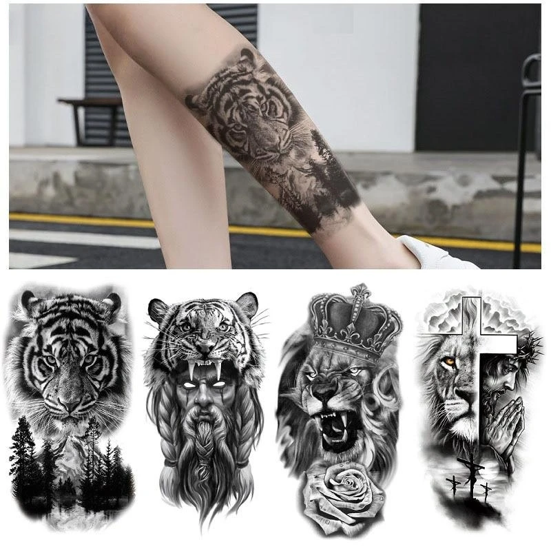 12pcs/set Black Forest Tattoo Sticker For Men Women Tiger Wolf Death Skull Temporary Fake Henna Skeleton King Animal Tatoo