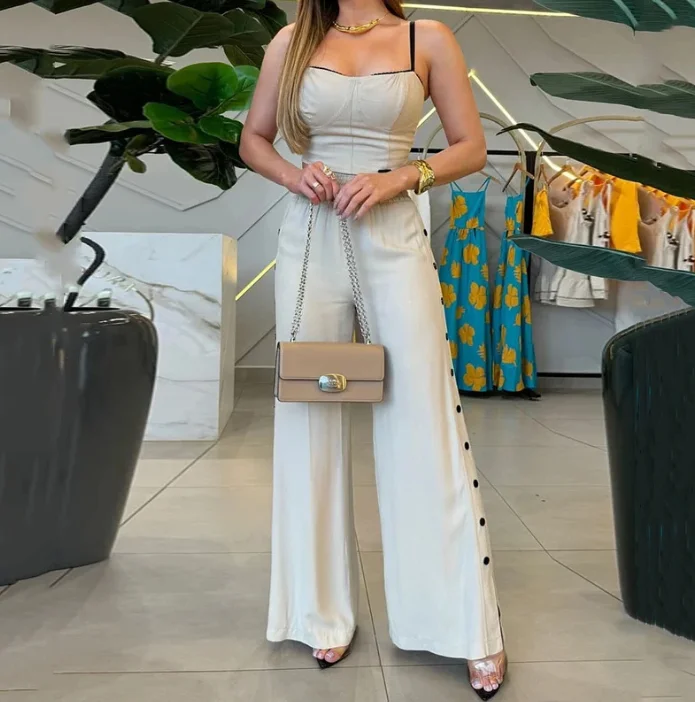 New Fashion 2025 Summer Casual 2 Piece Sets Womens Outfits Women's Sexy Suspender Elastic Waist Wide Leg Pants Set