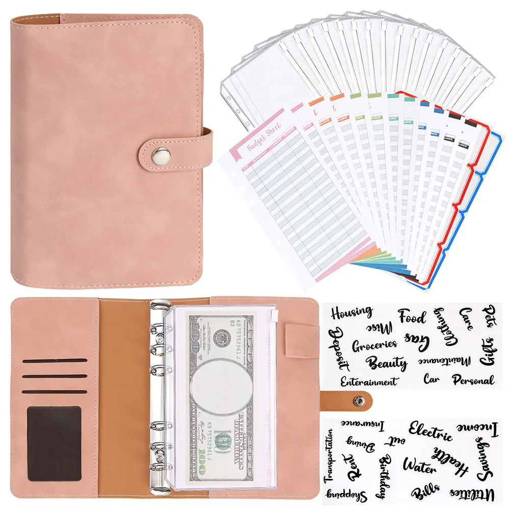 

2022 A6 PU Leather Binder Budget Planner Notebook Cash Envelope Organizer System with Clear Zipper Pockets Expense Budget Sheets