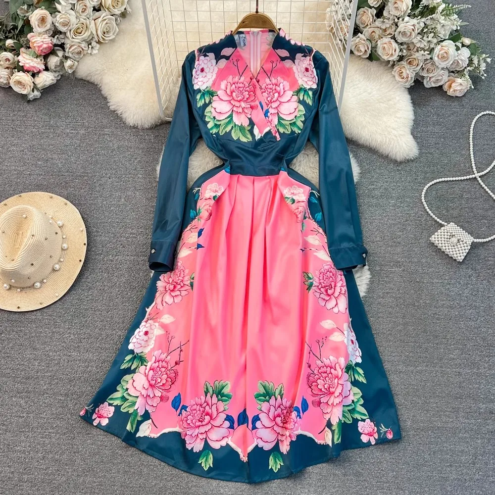 

New Elegant Women V Neck Long Sleeve Dress 2023 Fashion Runway Autumn Spring Pink Flower Print Hit Color High Waist Midi Vestido