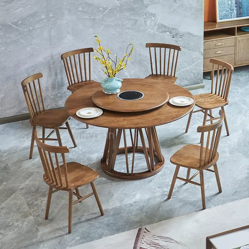 

Nordic Chairs For Kitchen Household Extendable Solid Wood Round Dining Table With Turntable Modern Simple Dining Room Furniture