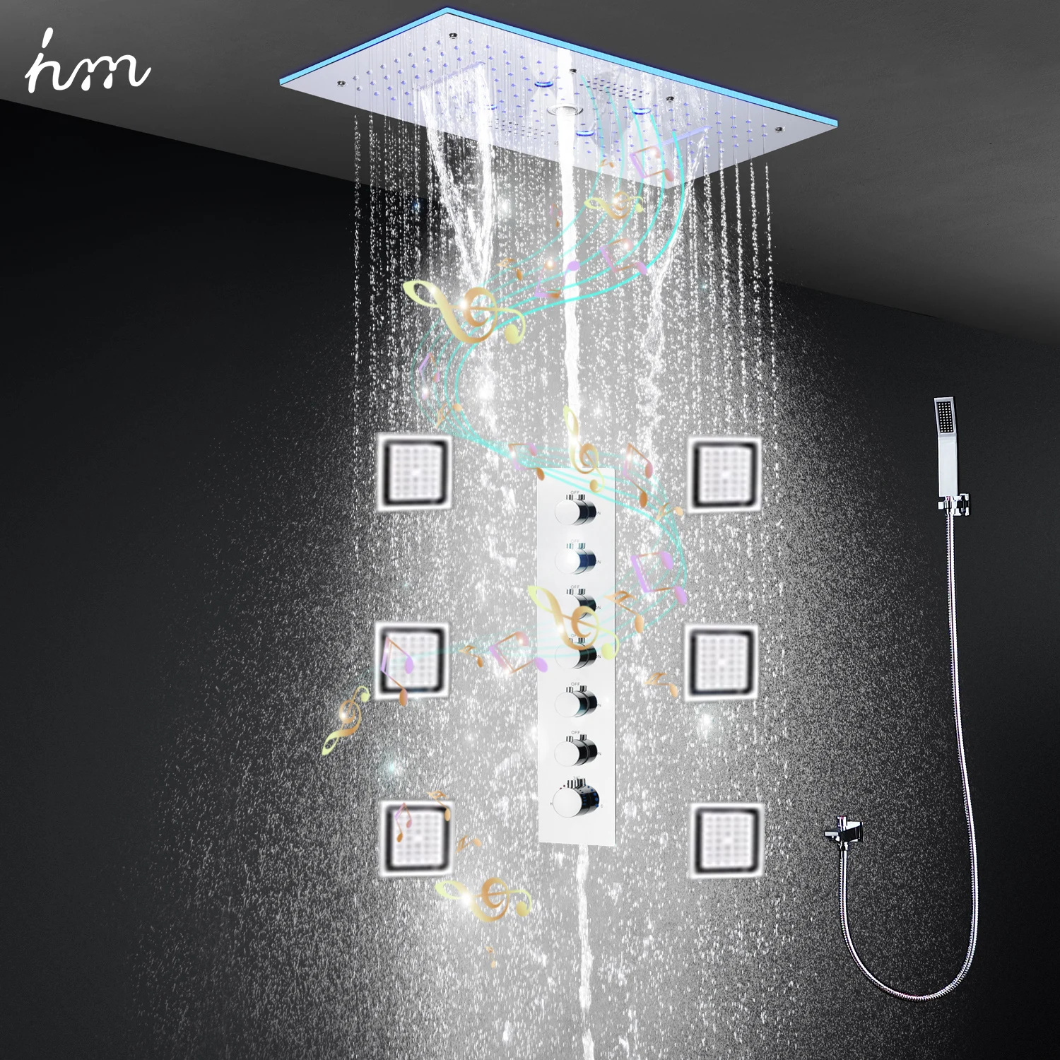 hm Europe Style Rainfall Waterfall Shower Head Large Ceiling Music LED Shower System Set Thermostatic Mixer Valve Lateral Jets