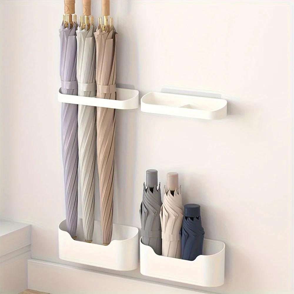 2pcs/1set Wall-mounted Umbrella Holder without Drilling with Drip Tray Modern Long Handle Folding Umbrella Storage Rack