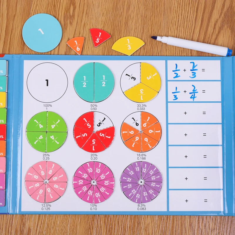 Kids Magnetic Fraction Math Montessori Toys Fraction math manipulatives Magnetic toys Math toys Learning puzzle toys Teaching aids toys Educational toys Wooden Fraction Book Set Arithmetic Teaching Aid Kids Educational Learning Toys