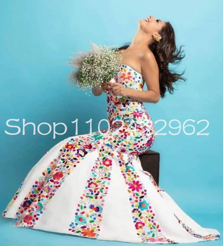 

Modern Bodasmexicanas Wedding Dresses Sweetheart Forset Mermaid Floral Embroidery Boho Corset Trumpet Bridal Gowns