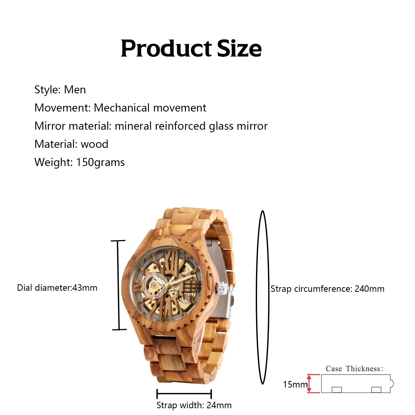 Fashion Men's Wooden Mechanical Skeleton Watches, No Battery Wooden Strap Watch for Men, Roman Large Numeral Dial