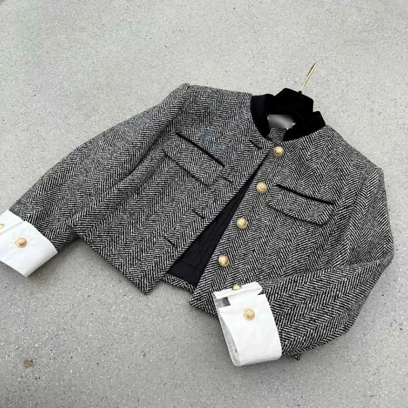 Biyaby Metal Button Stand Collar Jackets for Women Korean Style Pockets Plaid Coat Woman 2024 Spring Long Sleeve Cropped Jacket 5