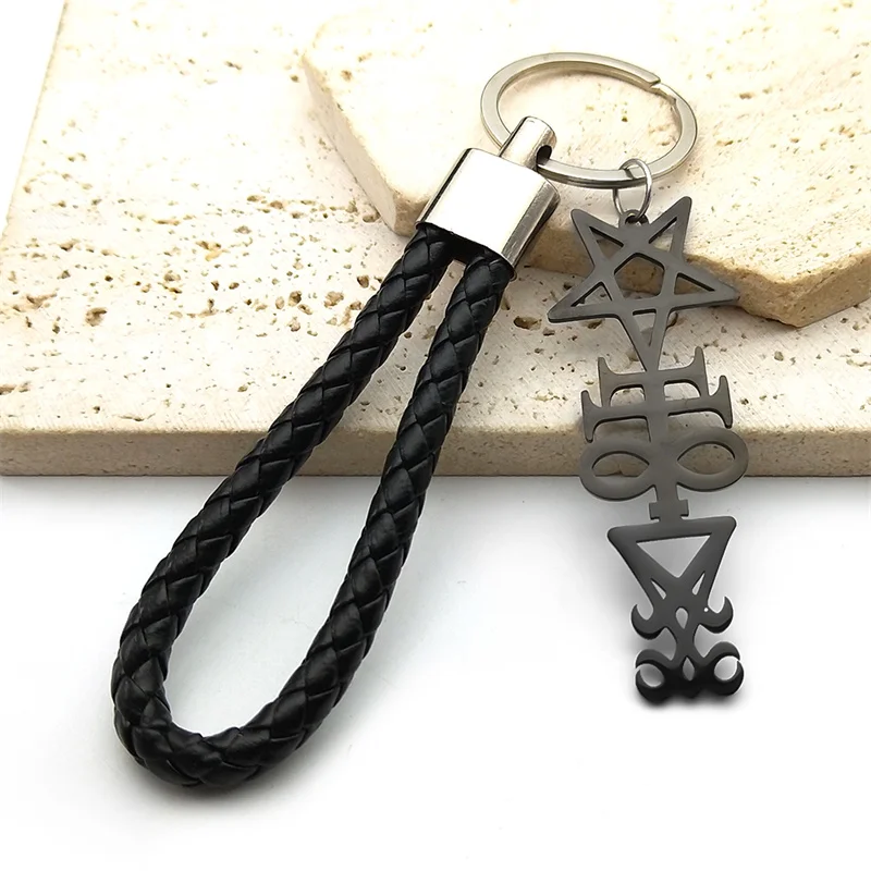 Hexerei Siegel Kirche von Satan Pentagramm Schlüssel bund für Frauen Männer Edelstahl schwarz Farbe Kreuz Schlüssel ring Tasche Schmuck ﻿