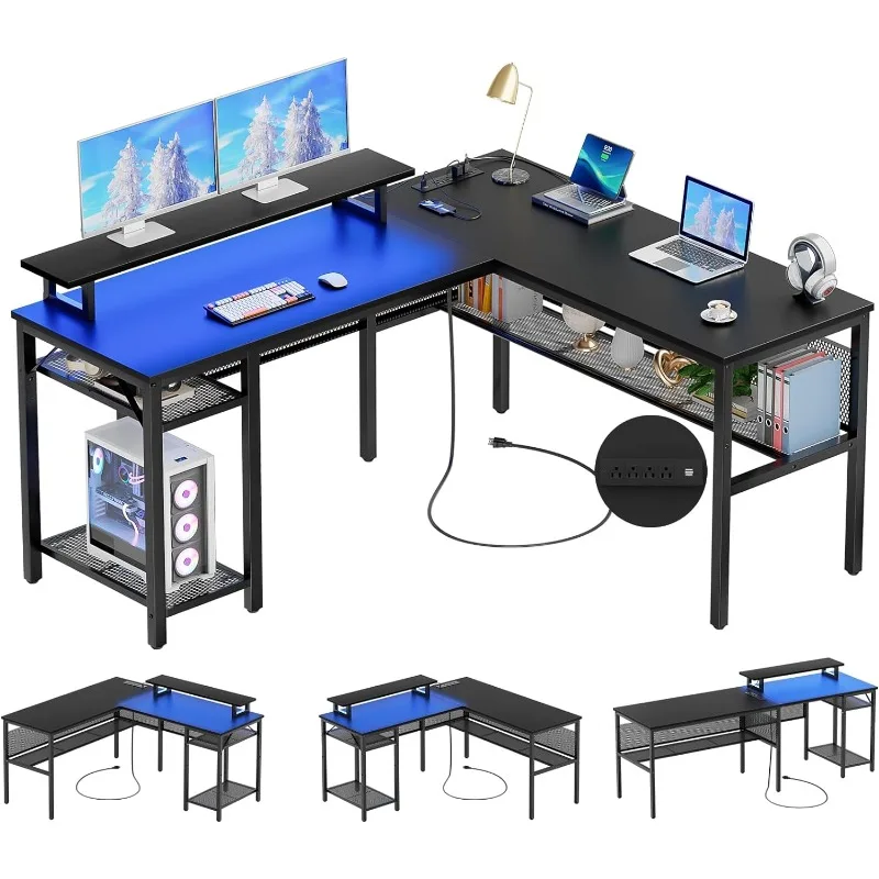 

L Shaped Desk, Reversible Corner Computer Desk with Magic Power Outlets and Smart LED Light, Unique Grid Design, 55 Inch Office