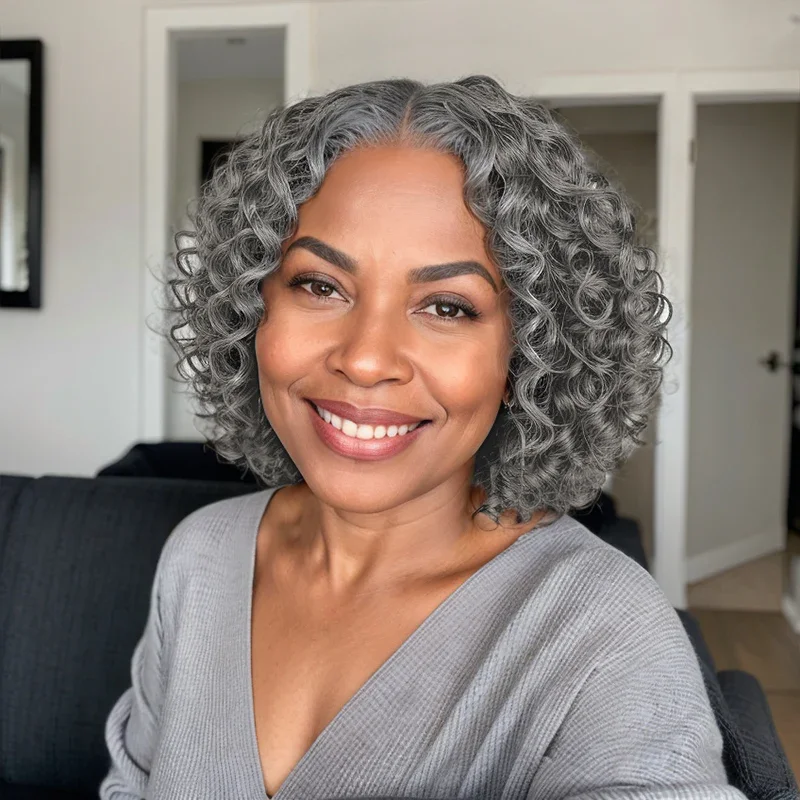 Brazilian Remy 220% Short Bob Salt And Pepper Deep Wave HD Transparent 5x5 Closure Lace Human Hair Wig For Women