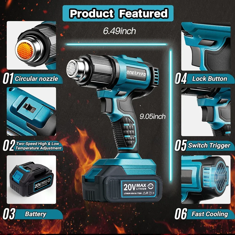 Cordless Handheld Hot Air Gun Temperatures Adjustable with 3 Nozzles Electric Heat Gun for Makita 18V Lithium Battery Power Tool 4