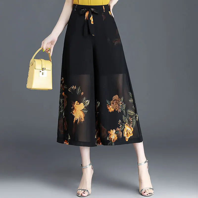 Summer Women Pants High Elastic Waist Print Skirt Trouser Wide-legged Pants Chiffon Nine-minute Pants Korean Black Pants chenyue high precision 0 5 2arc minute worm gearbox cycm110 input shaft22 24 28 32 35 output 45 ratio 5 1 80 1 free maintenance