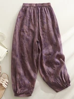 Retro Waterprint Linen Casual Nine-Piece Pants plus Size Women's Loose Elastic Waist Versatile Wide Leg Harlan Pants - Image 4