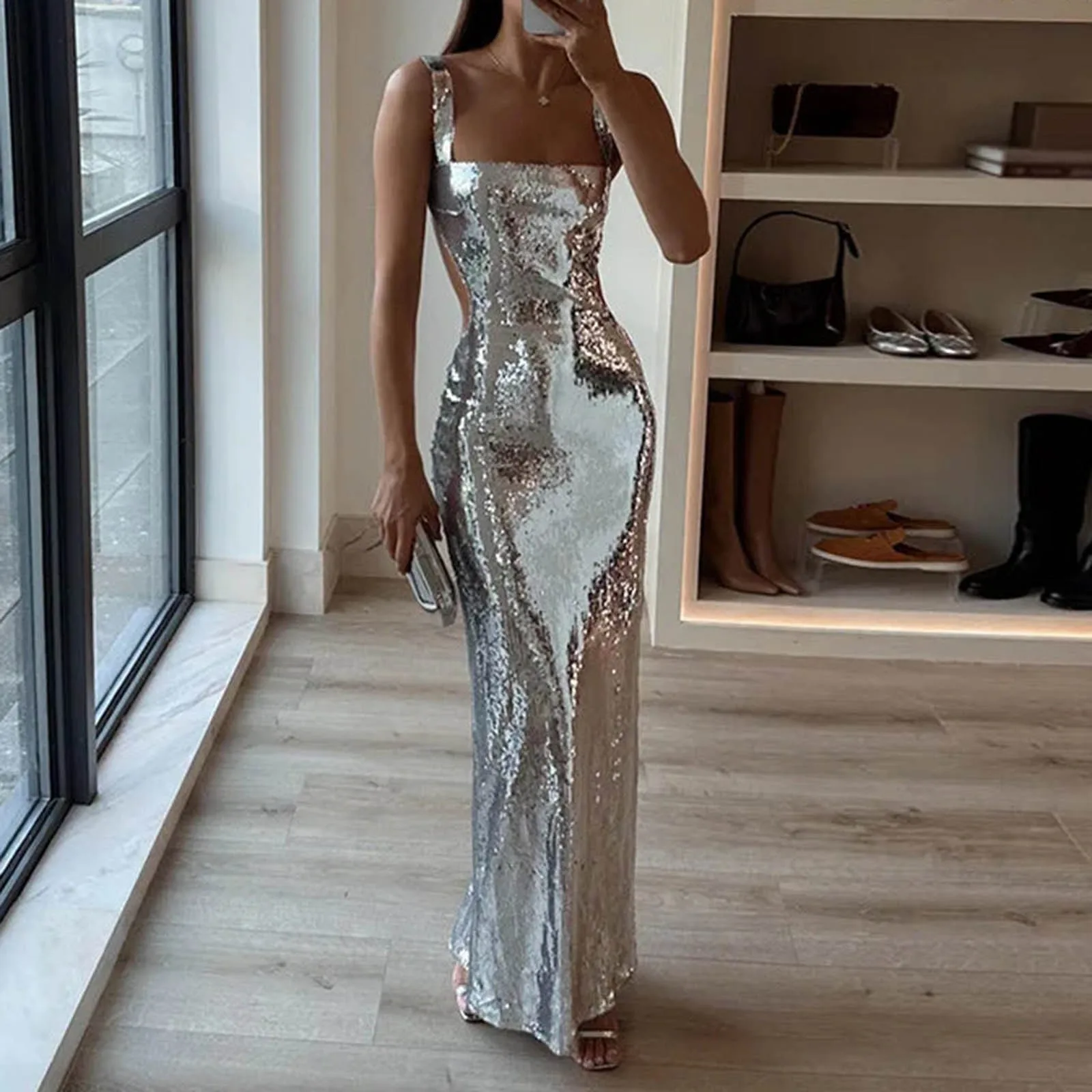 

Women Sexy Sequin Vestidos Bodycon 2024 Maxi Dress Fashion Square Neck Back Sleeveless Dresses Female Chic Party Evening Robes