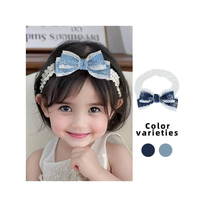 꽃무늬 장식이 있는 한국 스타일 데님 리본  머리띠 - 부드럽고 귀여운 공주님 헤어 액세서리, 두개골을 보호합니다
