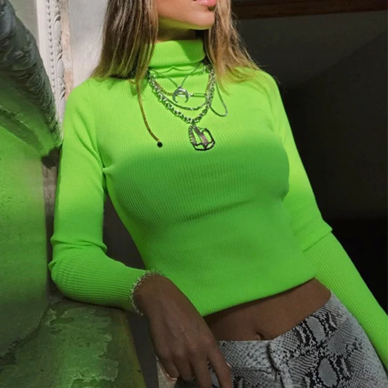 Women Knitted Ribbed Clothes Neon Green Turtleneck Sweaters Shirts Long Sleeve Top Slim Fit Winter Autumn Shirt Pullover M0243 | Женская