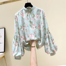 

Spring Summer Fashion 2022 Women's Long Sleeve Blouse Floral Lantern Sleeve Chiffon Shirt Floral Puff Sleeve Top Femme
