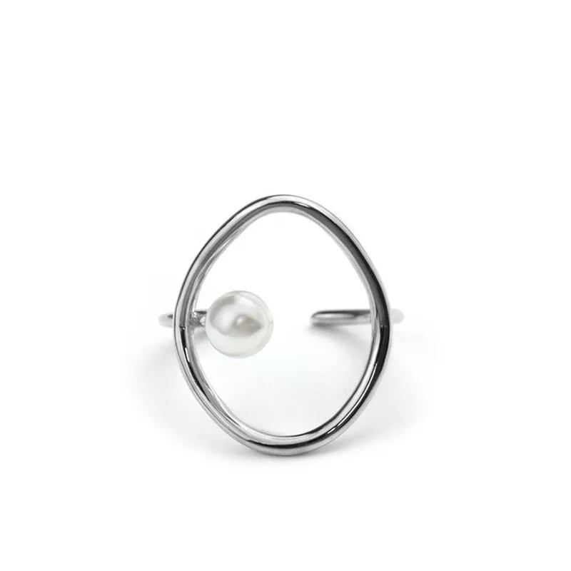 Geometric Hollow Simulated-pearl Ring for Women Silver Color Simple Line Open Rings Jewelry Accessory