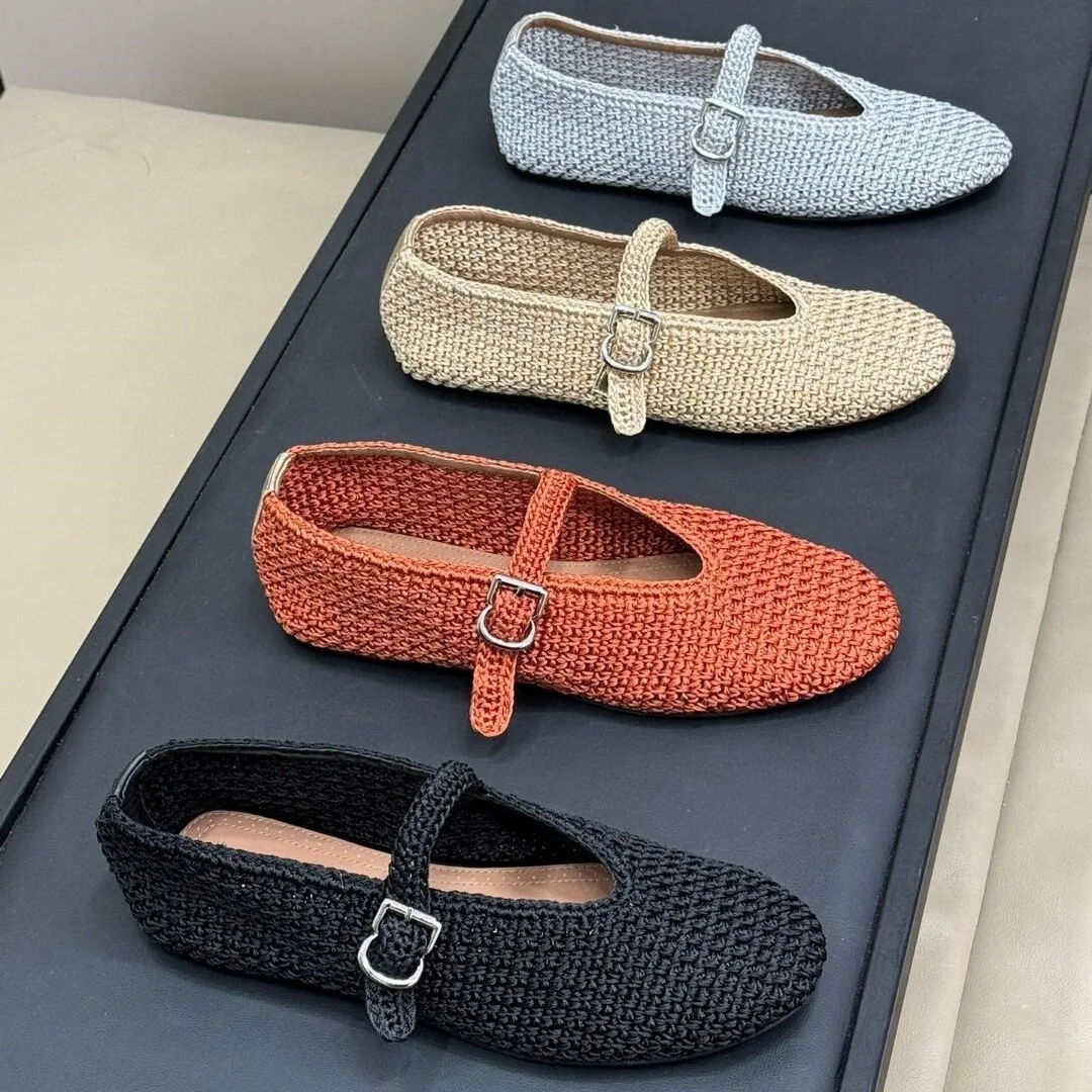 Knitted Hollow Out Flats Mary Janes Shoes Women Spring Summer Breathable Elegant Ballet Shoes Ladies buckle strap Loafers 2025