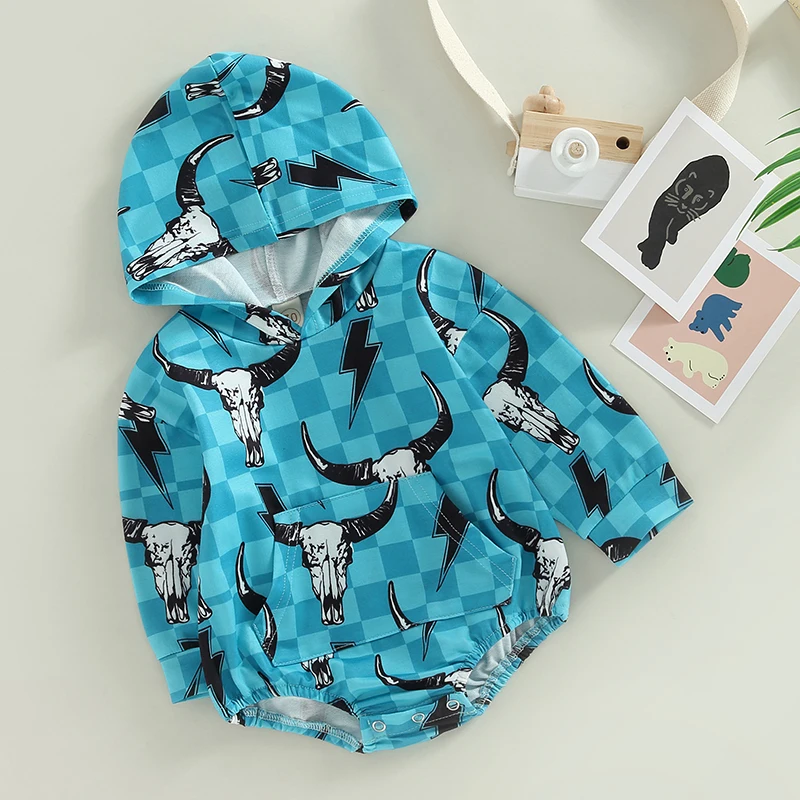 Fashion Autumn Newborn Baby Boys Rompers 0-24M Cattle Cactus Print Long Sleeve Pocket Hooded Sweatshirts Jumpsuits C