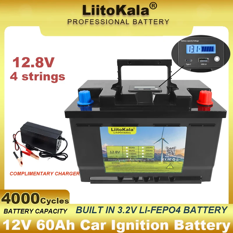 Liitokala 12V/12.8V 60Ah Lifepo4 Batteria Batterie Al Litio 4000 Cicli Per Inverter Auto Accendino Vento Solare + Caricatore 14.6V