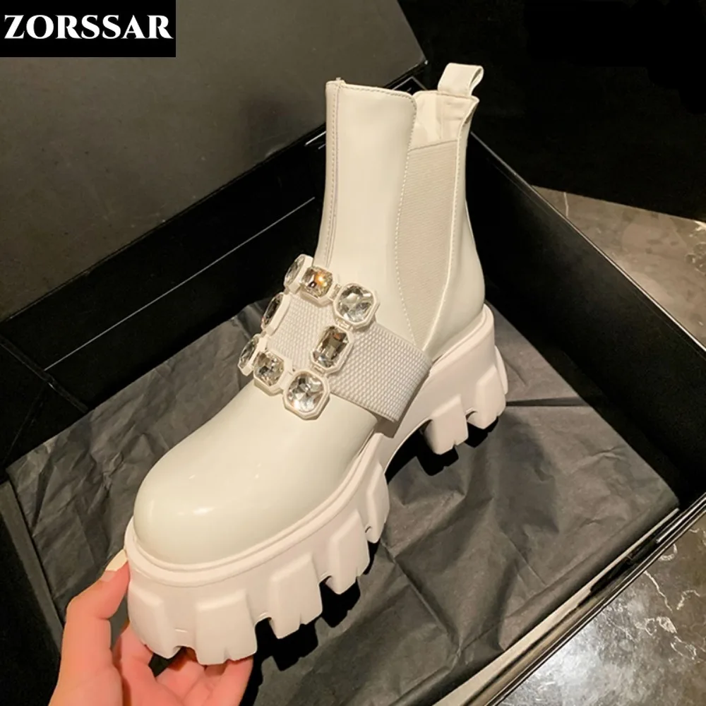 

2024 New Arrivals Cow Split Leather Slip on High Heels Chelsea Boots Crystal Platform Winter Shoes Height Increasing Ankle Boots