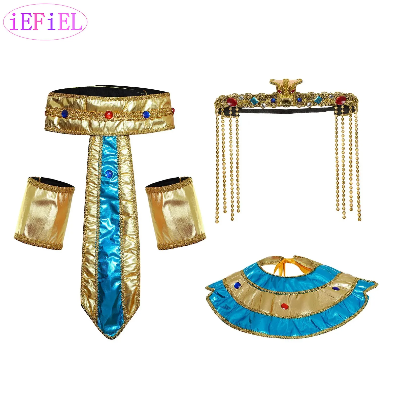 

Egyptian Pharaoh Cleopatra Cosplay Costume Accessories Headwear Neck Collar Cloak Waist Belt And Wristbands for Halloween