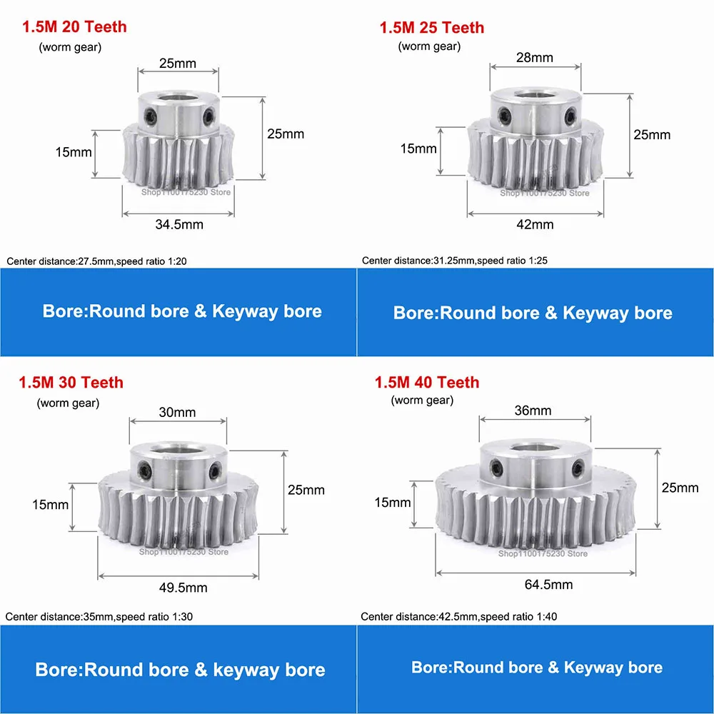 Transmission gear 1Pcs 1.5M 20/25/30/40T 45# Steel Worm Gear Wheel Worm Rod 1.5 Modulus 20/25/30/40 Teeth Gear Round Bore & Keyway Bore