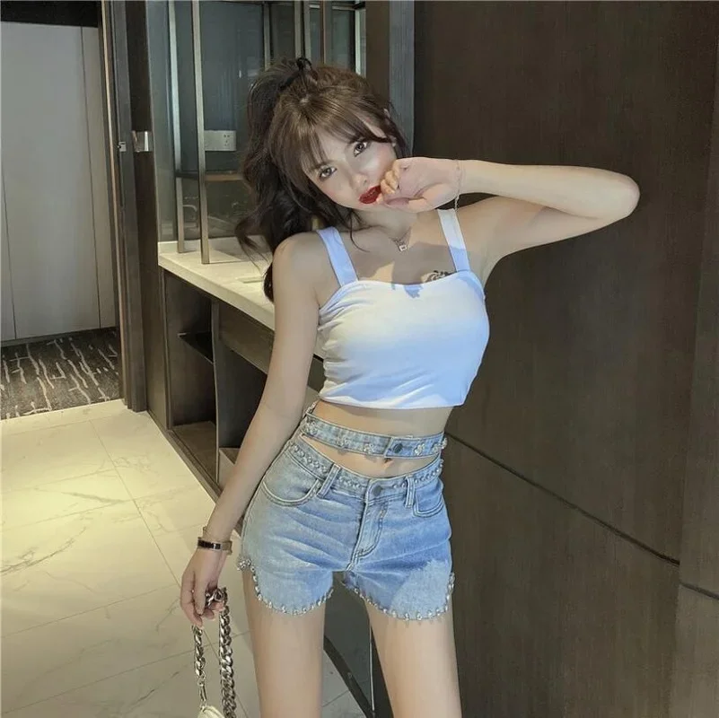 Women 90s New High Waist Denim Shorts 2024 Summer Fashion Female Casual Gothic Rivet Beading Jeans Short Y2k Short Mujer Indie