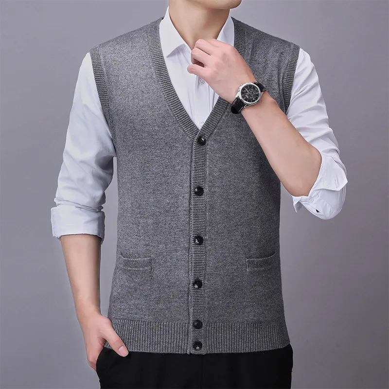 

Autumn New Wool Vest Men Knitted Cardigan Middle-aged Men Sleeveless Sweater Vest Loose V-neck Solid Vest Winter Clothes