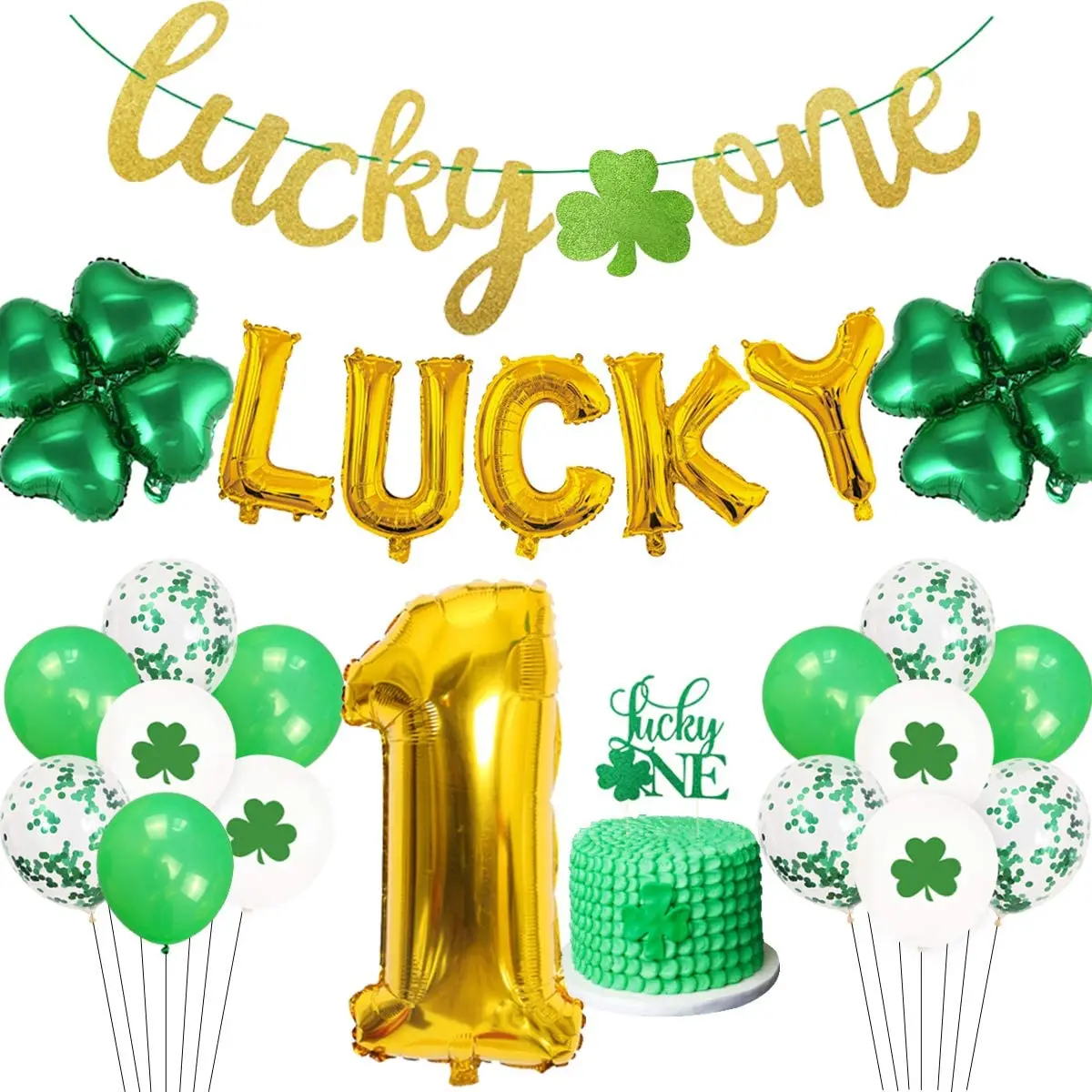 

St. Patrick's Day 1st Birthday Party Decorations, Lucky One Garland, Banner, Cake Topper, Shamrock, Irish First Birthday Supplie