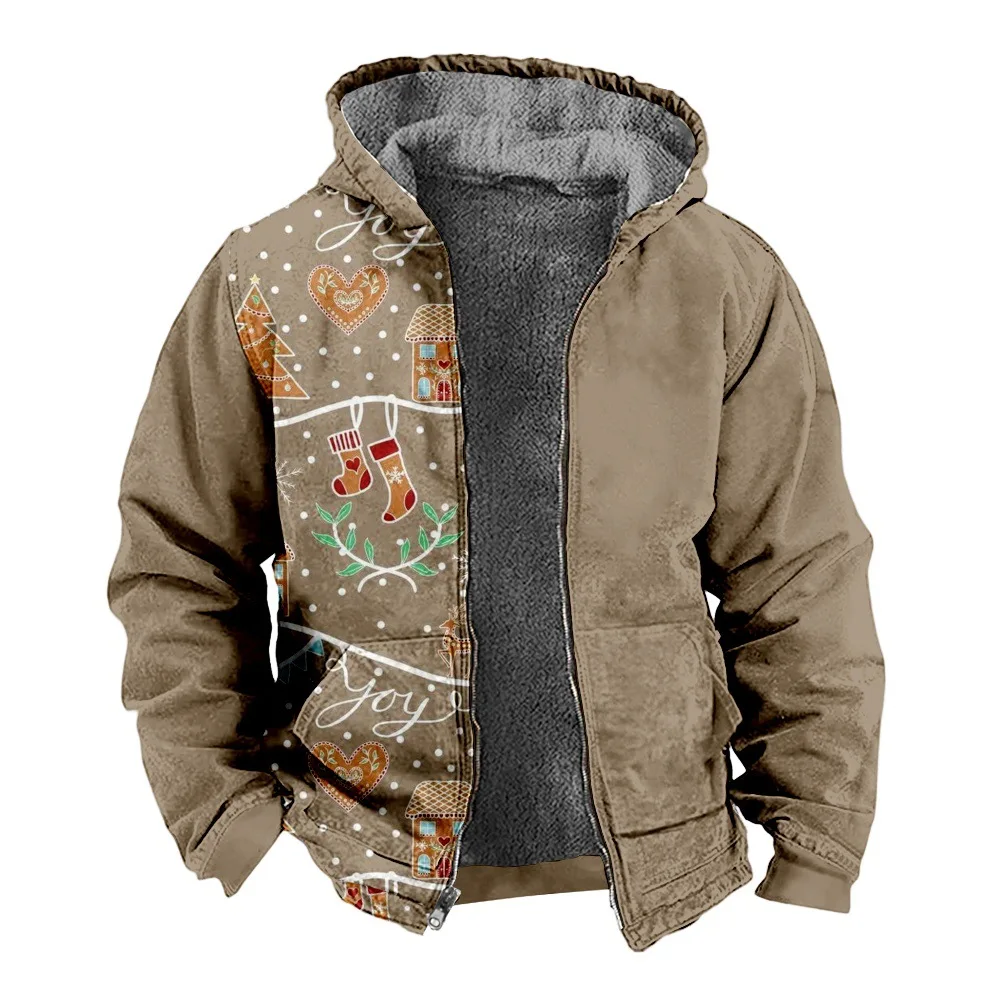 New Christmas Splice Cotton Coat Hooded Sweater Casual Print Long Sleeve Zipper Sweater Thick Cotton Coat Winter