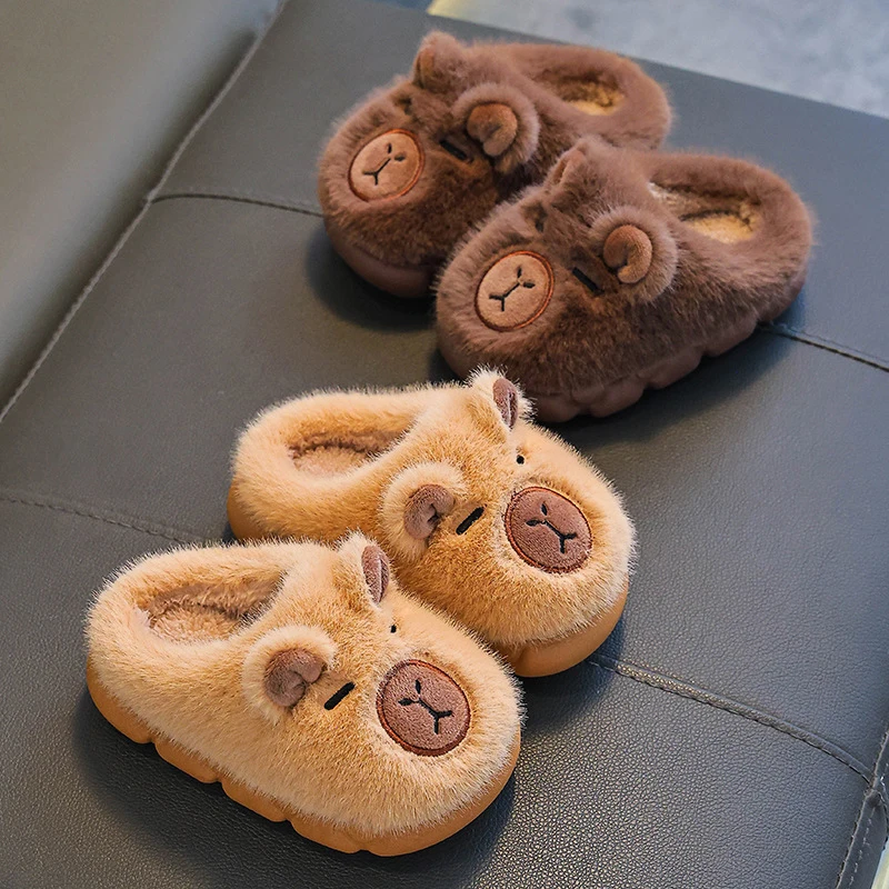 Capybara Cartoon Fluffy Slippers Children Indoor Soft Bottom Mother-Child Cotton Slippers Anti Slip Winter Warm Plush Slides 45