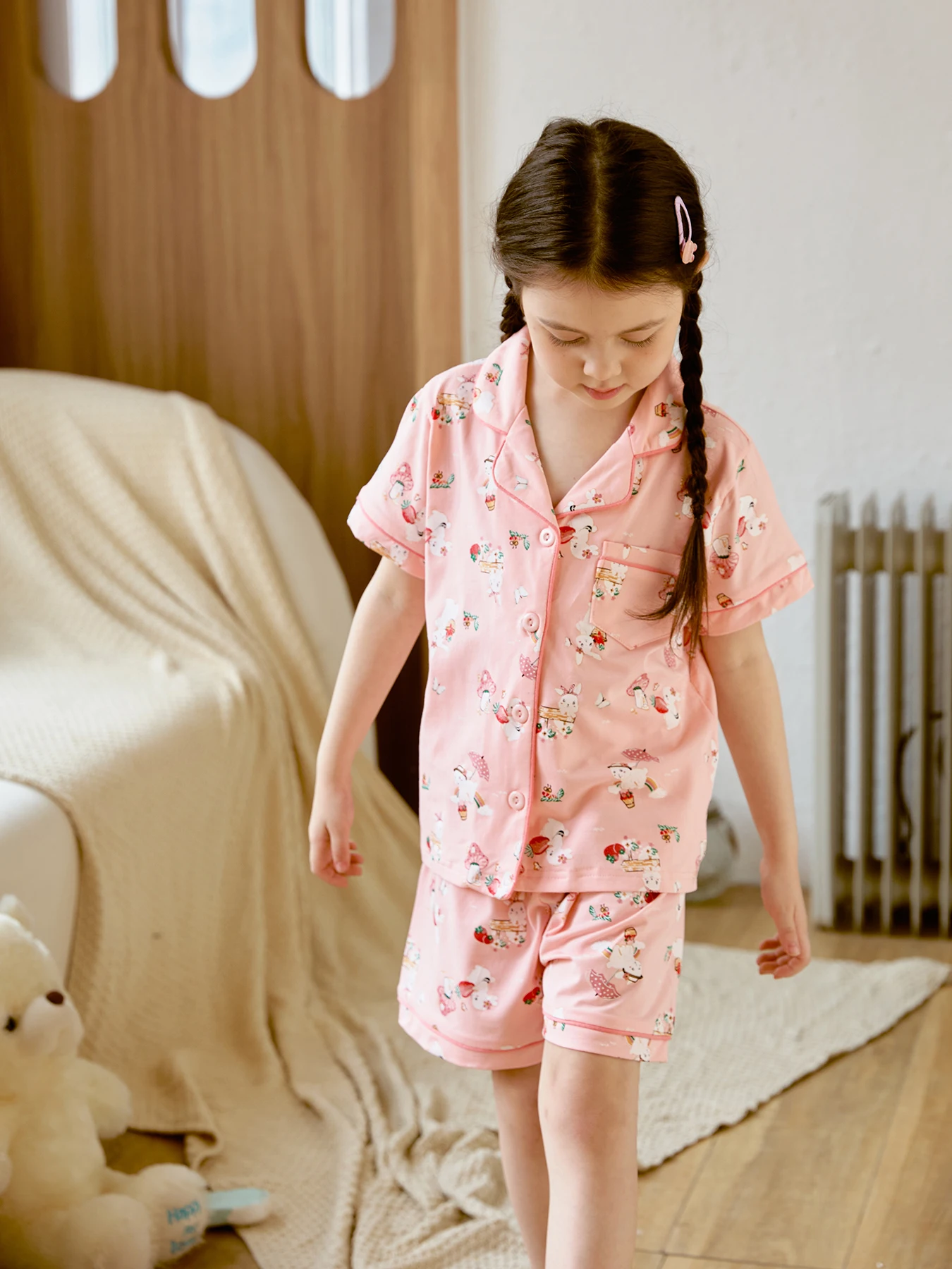 Ensemble pyjama 2 pièces pour filles, haut à manches courtes et short assressenti, motif phtalgirl de dessin animé Allover, poche poitrine avec revers sur le devant