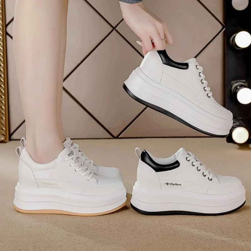 8cm 가죽 Vulcanize 여름 하이 브랜드 Comfy Chunky Sneaker Loafer 봄 가을 플랫폼 Vulcanize 여성 신발 34-39