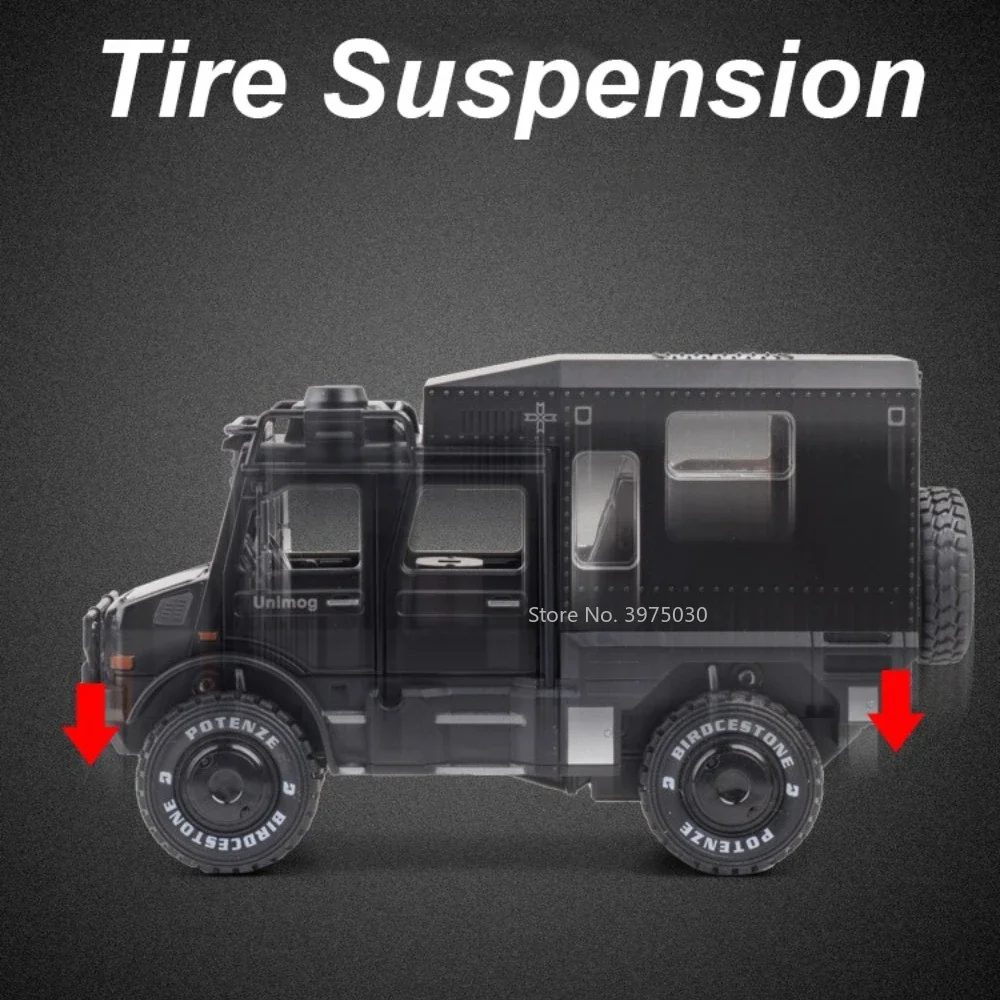 1:28 Benz Unimog Motorhome Toy Car Model Alloy Diecast Sound Light Pull Back Doors Opened Toys Vehicles Children Birthday Gifts 3