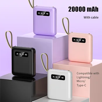 Accumulatori e caricabatterie portatili da 20000 mA con cavo di grande capacità Uscita Micro/Lightning/Tipo C Alimentazione di alimentatori per batterie esterne per telefoni cellulari