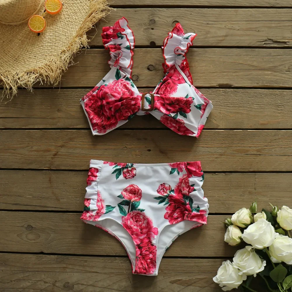 High Waisted Printed Bikini Shoulder Strap Lace Design Beach Clothes Vacation Women Outfits Export Sexy Bathing Suits 2024
