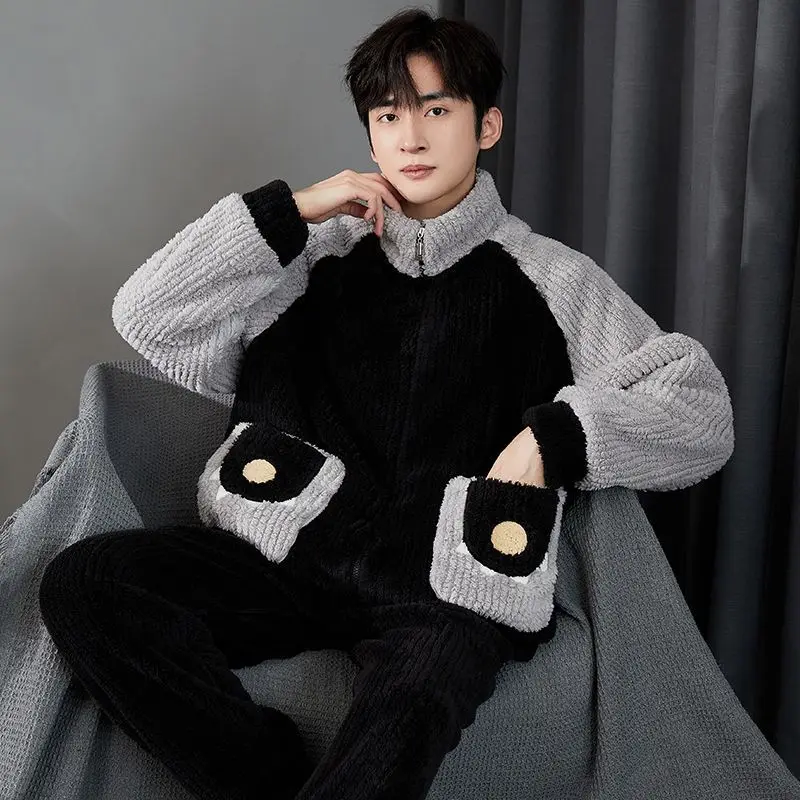 New Coral Velvet Men Pyjamas Winter Plus Velvet and Thick Youth Plus Size Zipper Sport Sleepwear Autumn Winter Set Homedressing