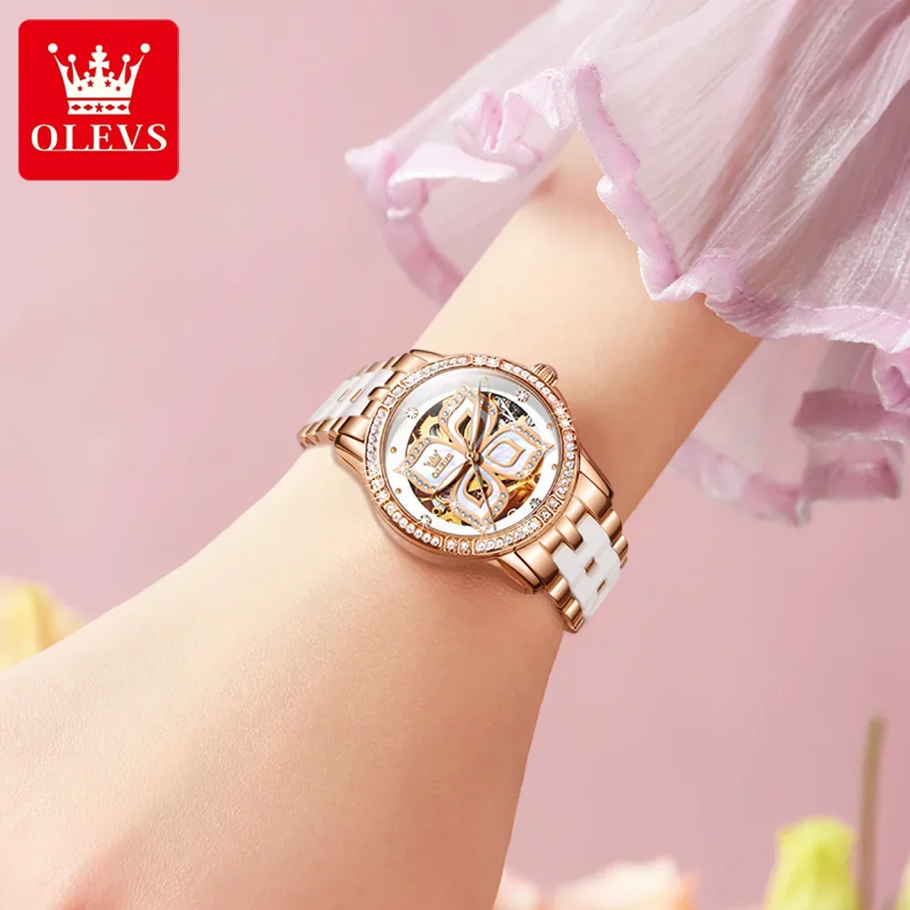 OLEVS Automatic Mechanical Skeleton Watch for Women Luxury Rose Gold Dial Ceramic Strap Diamond Women's Wristwatches Reloj Mujer